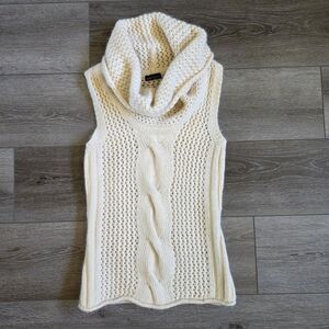 Vtg Moda International Sweater Vest Cowl Neck Chunky Cable Knit Ivory Y2K Wool
